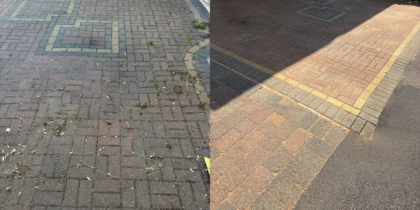 Block paving driveway with weeds before, cleaned and re-sanded after
