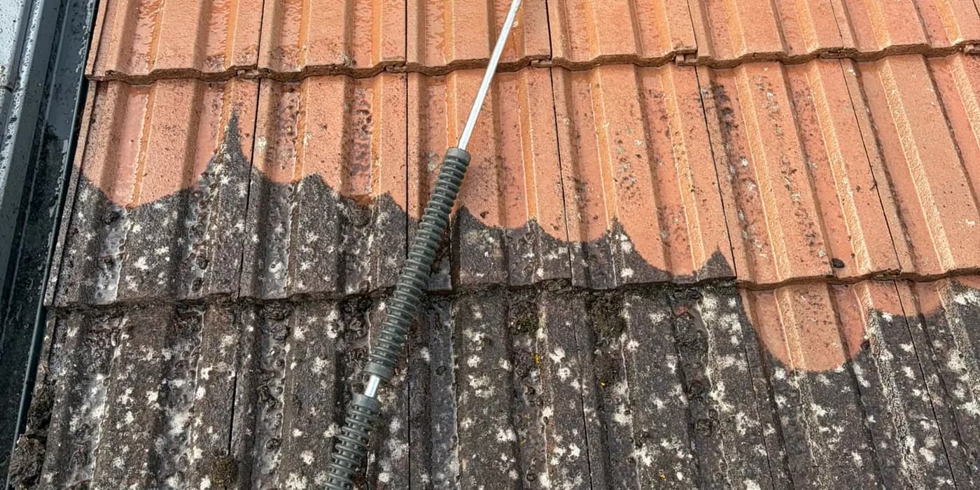Red concrete tiles part way through a clean, clean above and lichen below