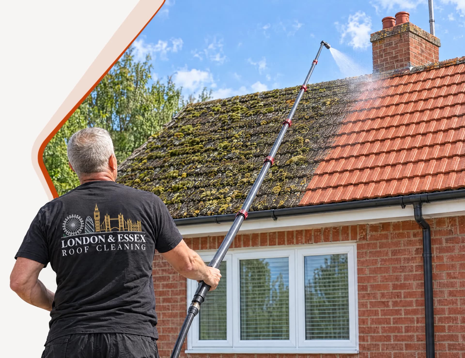 Terry, the owner, cleaning a mossy tiled roof with a low-pressure lance: moss on one side, clean red tiles on the other