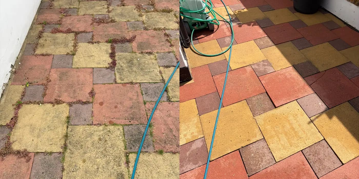 Coloured patio slabs full of weeds before and bright after cleaning