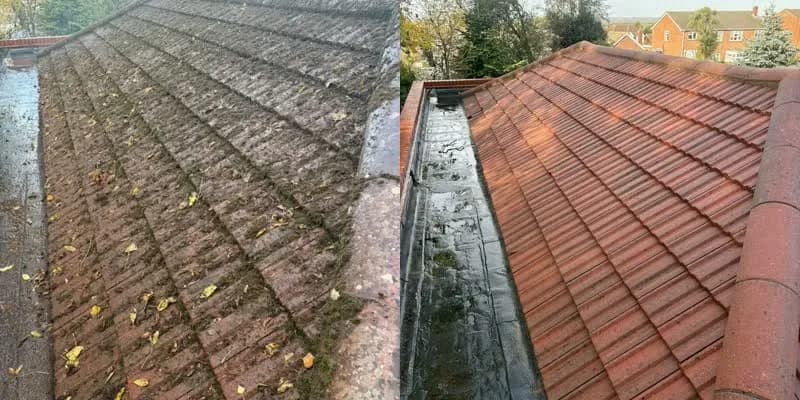Close up of concrete tiles before and after cleaning